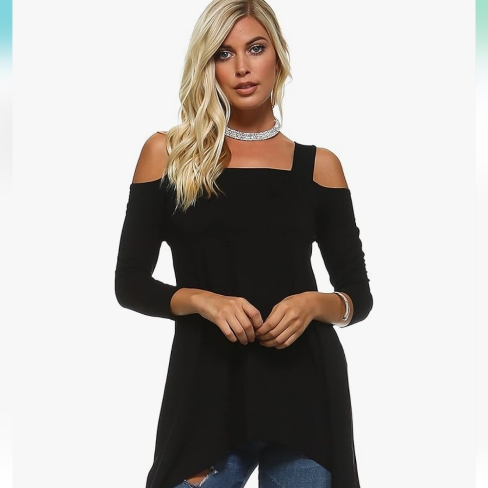 ISAAC LIEV Black Cold Shoulder Strap 3/4 sleeve Mermaid Tail Tunic:Size L